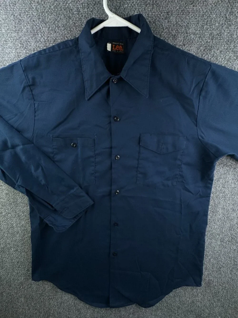 VTG Lee 70’s Button Up Work Shirt Automotive Navy Blue USA Long Sleeve